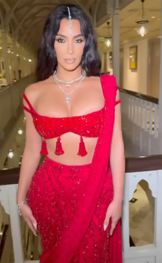 Kim and Khloé Kardashian made a statement in sparkling lehengas at the Ambani wedding in Mumbai Friday.kimkardashian/Instagram